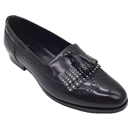 Céline-Celine Black / Silver Studded Tassel Detail Oxford Loafers / Flats-Black