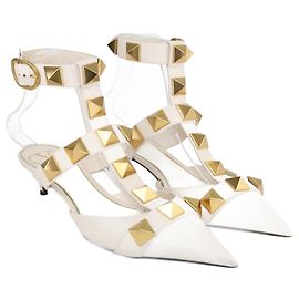 Valentino White Roman Stud Pointed Toe Ankle Strap Pumps White