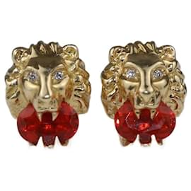 Gucci-Gucci Lion Head Crystals Diamonds 18K yellow Gold Earrings-Golden