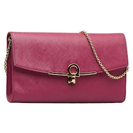 Salvatore Ferragamo-Gancini Clip Mini Leather Wallet On Chain AU-22 C278-Pink