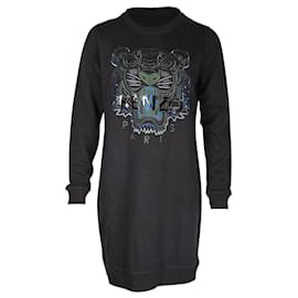 Kenzo-Kenzo Tiger Embroidered Sweatshirt Dress in Black Cotton-Other