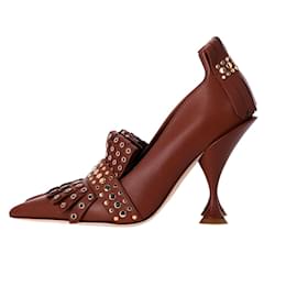 Burberry-Burberry Studded Fringed Pumps in Brown Leather-Brown