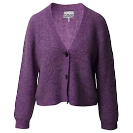 Ganni-Ganni Ribbed-Knit Cardigan in Purple Alpaca Wool-Other