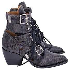 Chloé-Chloe Rylee Cutout Snake-Effect Ankle Boots in Black Leather-Black