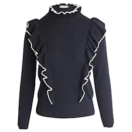 Sandro-Sandro Paris Wool Blend Sweater with Ruffles in Black Acrylic-Black
