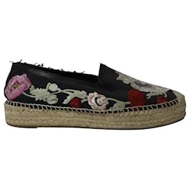 Alexander Mcqueen-Alexander McQueen Floral Embroidered Espadrille Slip-Ons in Black Canvas-Black