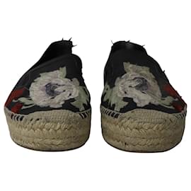 Alexander Mcqueen-Alexander McQueen Floral Embroidered Espadrille Slip-Ons in Black Canvas-Black