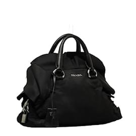Prada-Prada Tessuto Ruffle Bauletto Canvas Handbag in Good condition-Nero