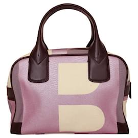 Bally-Bally Purple Signature Canvas Brown Leather Top Handles Satchel Handbag Bag-Purple