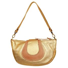 Hogan-Hogan Gold Leather Beige Det. Shoulder Strap Handbag Zipper top Bag-Golden