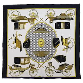 Hermès-HERMES CARRE 90 LES VOITURES A TRANSFORMATION Scarf Silk Black White Auth 55626-Black,White,Yellow