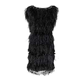 Autre Marque-6267 Feather Embroidered Dress-Black