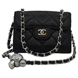 Chanel-Chanel Wallet an der Kette, Zeitloses schwarzes Lammfell, diagonaler, JAHRGANG-Schwarz