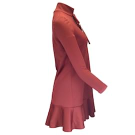 Autre Marque-Francoise Bordeaux Bow Detail Mock Neck Long Sleeved Ruffled Hem Dress-Dark red