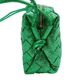 Bottega Veneta-Bottega Veneta Green Metallic Intrecciato Laminated Leather  Mini Loop Crossbody Bag-Green
