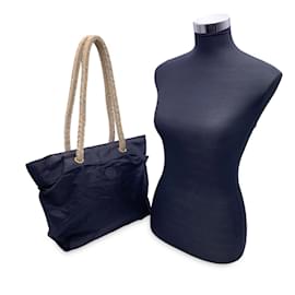 Fendi-Vintage Black Nylon Tote Bag with Rope Straps-Black