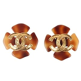 Chanel-Chanel raro 94PAG 1994 Pendientes de clip CC con cruz de trébol y tortuga grande de primavera-Castaño,Marrón claro,Caramelo,Gold hardware