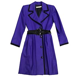 Saint Laurent-Saint Laurent Rive Gauche Vintage Purple / Black Trimmed Long Sleeved Patent Leather Belted Wool Dress-Purple