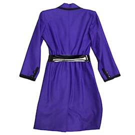 Saint Laurent-Saint Laurent Rive Gauche Vintage Purple / Black Trimmed Long Sleeved Patent Leather Belted Wool Dress-Purple
