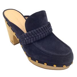 Veronica Beard Delia Navy Blue / Gold Studded Suede Wooden Clogs Blue