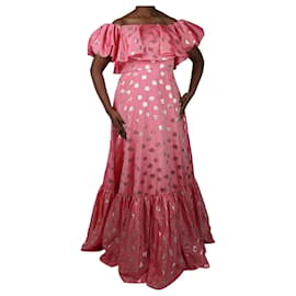 Autre Marque-Vestido midi de lúrex y lunares rosa con mangas abullonadas - talla UK 12-Rosa
