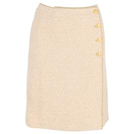 Chanel-Chanel Gold Button Wrap Skirt in Cream Wool-White,Cream