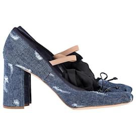 Miu Miu-Zapatos de salón Mary Jane con lazo al tobillo de Miu Miu en denim de algodón azul-Azul