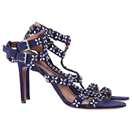 Alaïa-Alaia Flower Stud Ankle Strap Sandals in Navy Blue Suede-Blue