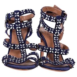 Alaïa-Alaia Flower Stud Ankle Strap Sandals in Navy Blue Suede-Blue