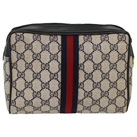 Gucci-GUCCI GG Supreme Sherry Line Clutch Bag Gray Red Navy 63 01 012 auth 55753-Red,Grey,Navy blue