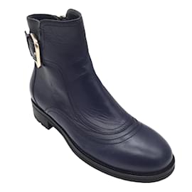 Jimmy Choo-Jimmy Choo Brylee Navy Blue / Gold Buckle Flat Leather Ankle Boots-Blue