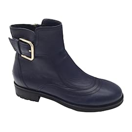 Jimmy Choo-Jimmy Choo Brylee Navy Blue / Gold Buckle Flat Leather Ankle Boots-Blue