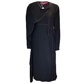 Autre Marque-Sies Marjan Black / Red Contrast Stitching Long Sleeved Silk Crepe Midi Dress-Black