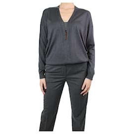 Brunello Cucinelli-Grey bejewelled sweater - size UK 10-Grey