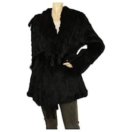 Autre Marque-Derhy Rabbit Fur Black Modern cut Belted Jacket Coat w. Fringes size L-Black