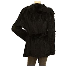 Autre Marque-Derhy Rabbit Fur Black Modern cut Belted Jacket Coat w. Fringes size L-Black