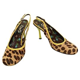 Dolce & Gabbana-Dolce & Gabbana D&G Léopard Poils De Veau Talons Garnis Jaunes Slingback Mules Chaussures 38-Multicolore