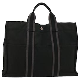 Hermès-HERMES Fourre ToutMM Hand Bag Canvas Gray Black Auth 54138-Black,Grey