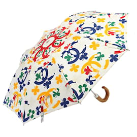 Chanel-Ombrello parasole semiautomatico pieghevole CHANEL Cotone Legno Bianco CC Auth bs8499-Bianco,Multicolore