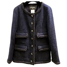 Chanel 13K Runway „World Map Globalization“ CC Buttons Dark Navy Blue Black Tweed Jacke FR 42 Schwarz Metallisch Marineblau Dunkelblau