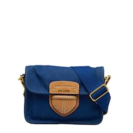 Prada-Canvas and Leather Flap Shoulder Bag-Blue