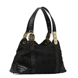 Gucci-Canvas Horsebit Glam Shoulder Bag 145761-Black