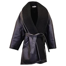 Balenciaga-Cappotto Balenciaga oversize con cintura e bordi in montone sintetico in finta pelle nera-Nero