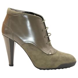 Tod's-Tod's Lace-Up High Heel Boots in Olive Suede and Leather-Green,Olive green