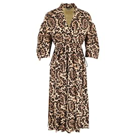 Fendi-Fendi Leopard-Print V-Neck Midi Dress in Brown Polyester-Brown