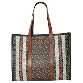 Burberry-Bolso tote de lona electrónica con rayas y monograma de Burberry en lona marrón-Otro