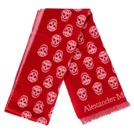 Alexander Mcqueen-Alexander McQueen Skull Logo Fringed Scarf in Red Wool-Red