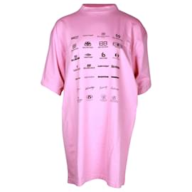 Balenciaga-T-shirt oversize con stampa loghi degli archivi Balenciaga in cotone rosa-Rosa