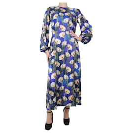Autre Marque-Robe midi imprimée florale en soie bleue - taille UK 12-Bleu