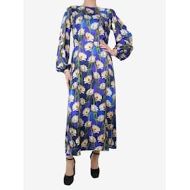 Autre Marque-Robe midi imprimée florale en soie bleue - taille UK 12-Bleu